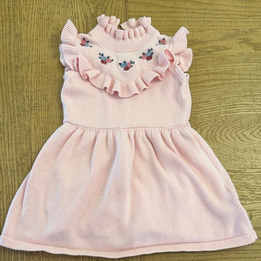 18M Janie and Jack Pink Ruffle Knit Dress with Embroidered Blooms EUC